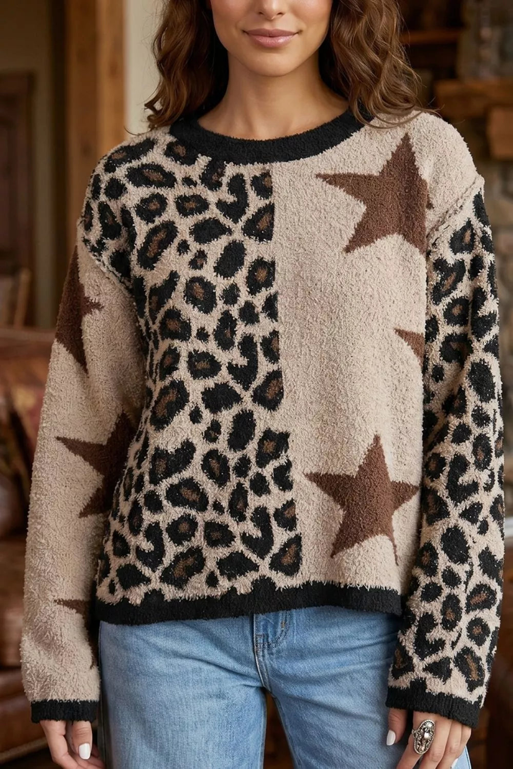 Leopard Star Pattern Round Neck Long Sleeve Shift Sweater