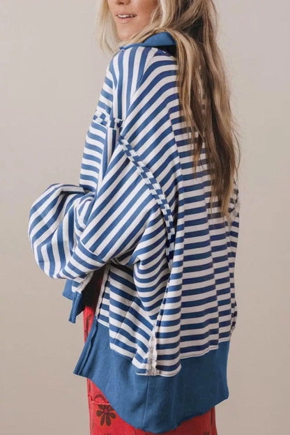 Stripe Color Block Trim Raw Seam Split Hem Loose Sweatshirt