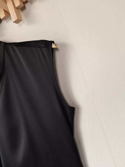 Satin Mock Neck Sleeveless Mini Dress with Lace Hem