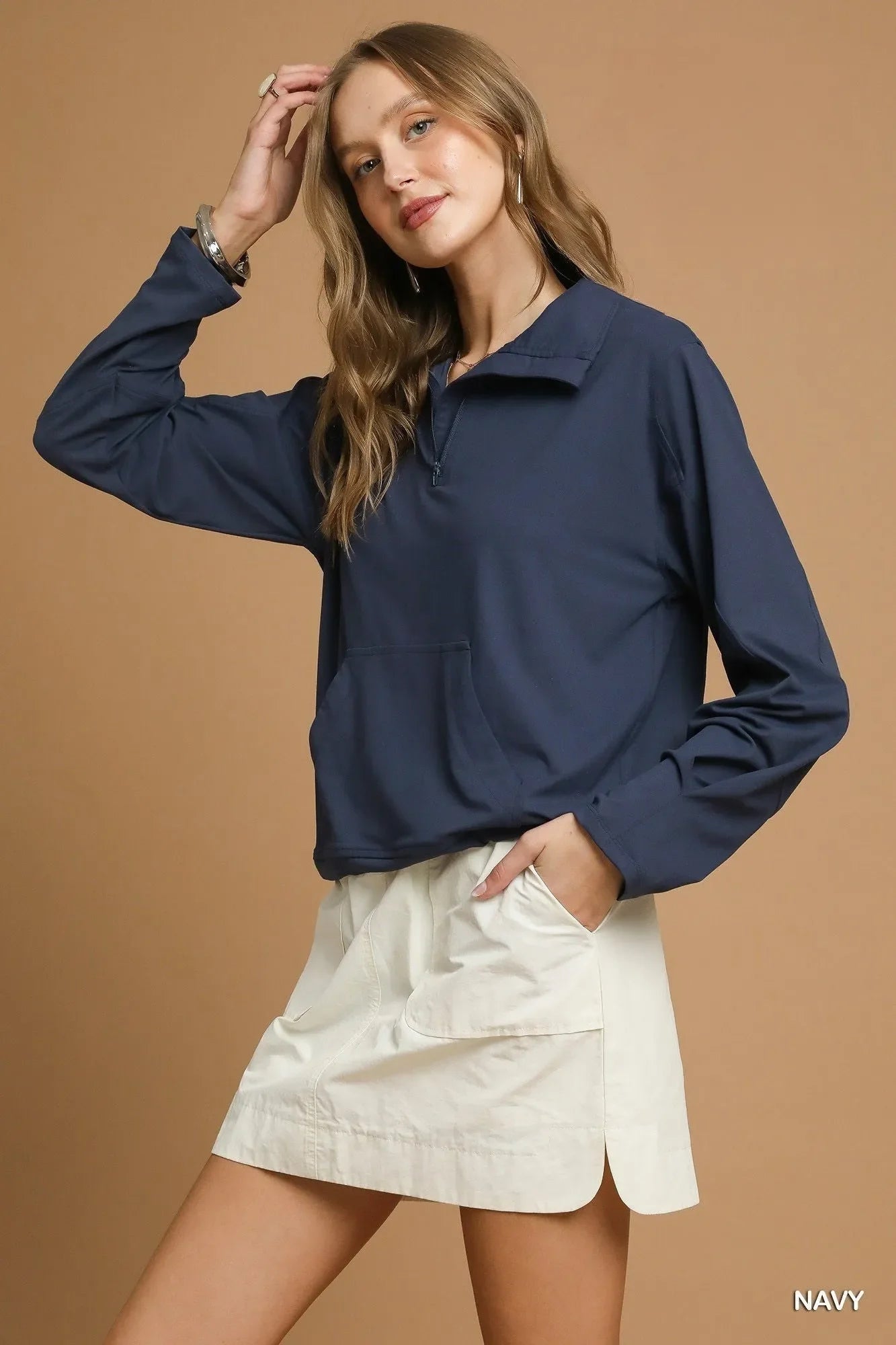 Umgee Half-Zip Sweatshirt with Front kangaroo pocket