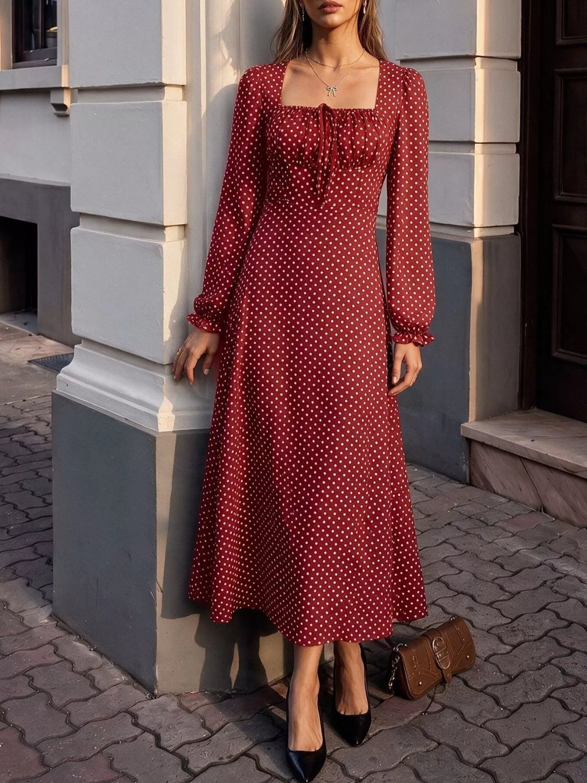 Square Neck Polka Dot Long Sleeve Maxi Dress