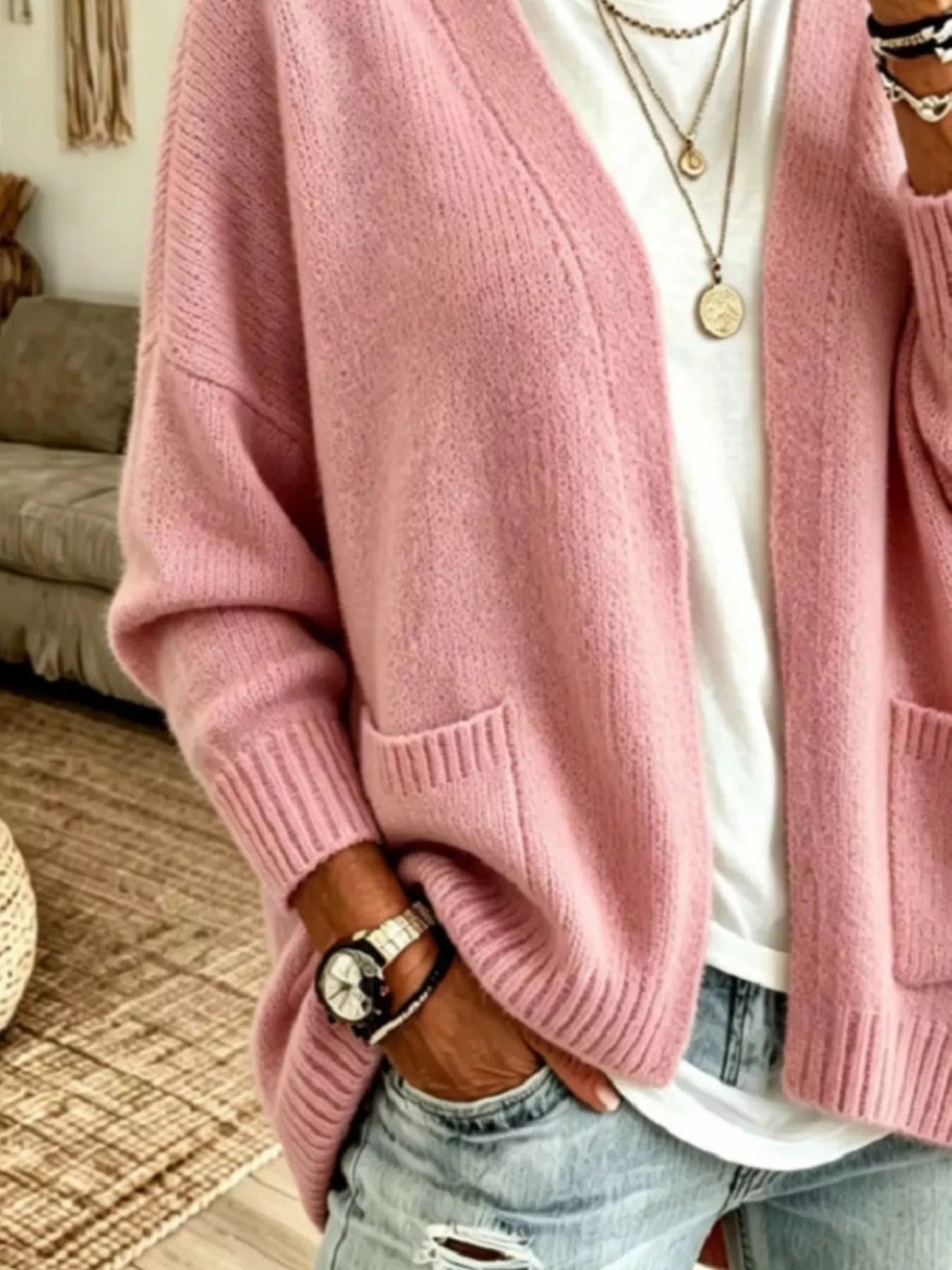 Open Front Knit Cardigan with Pockets