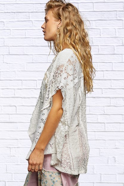 POL Asymmetrical V-Neck Short Sleeve Lace Top