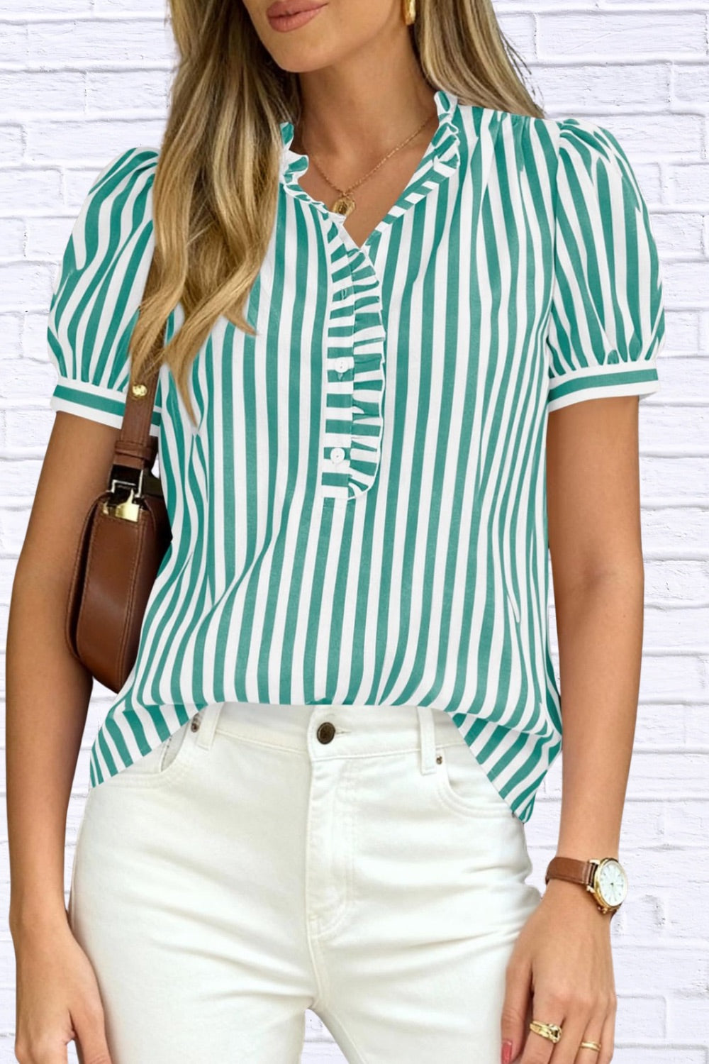 Frill Striped Puff Sleeve Blouse | Chic Women’s Top