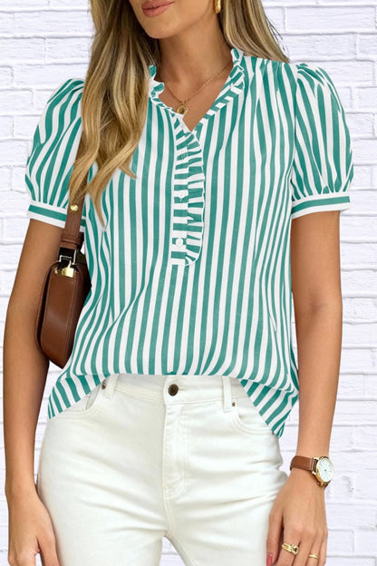Frill Striped Puff Sleeve Blouse | Chic Women’s Top
