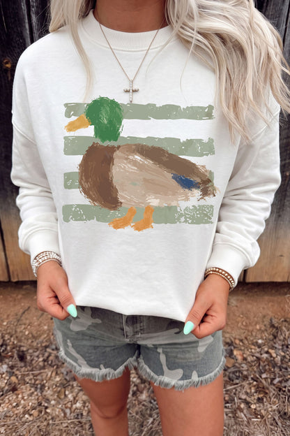 White Western Duck Graphic Casual Pullover Sweatshirt