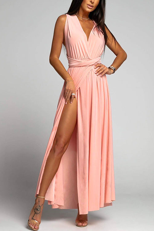 Rosiedress V Neck Sleeveless Back Criss Cross High Slit Maxi Party Dress