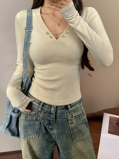Decorative Pearl Buttons V-Neck Long Sleeve T-Shirt