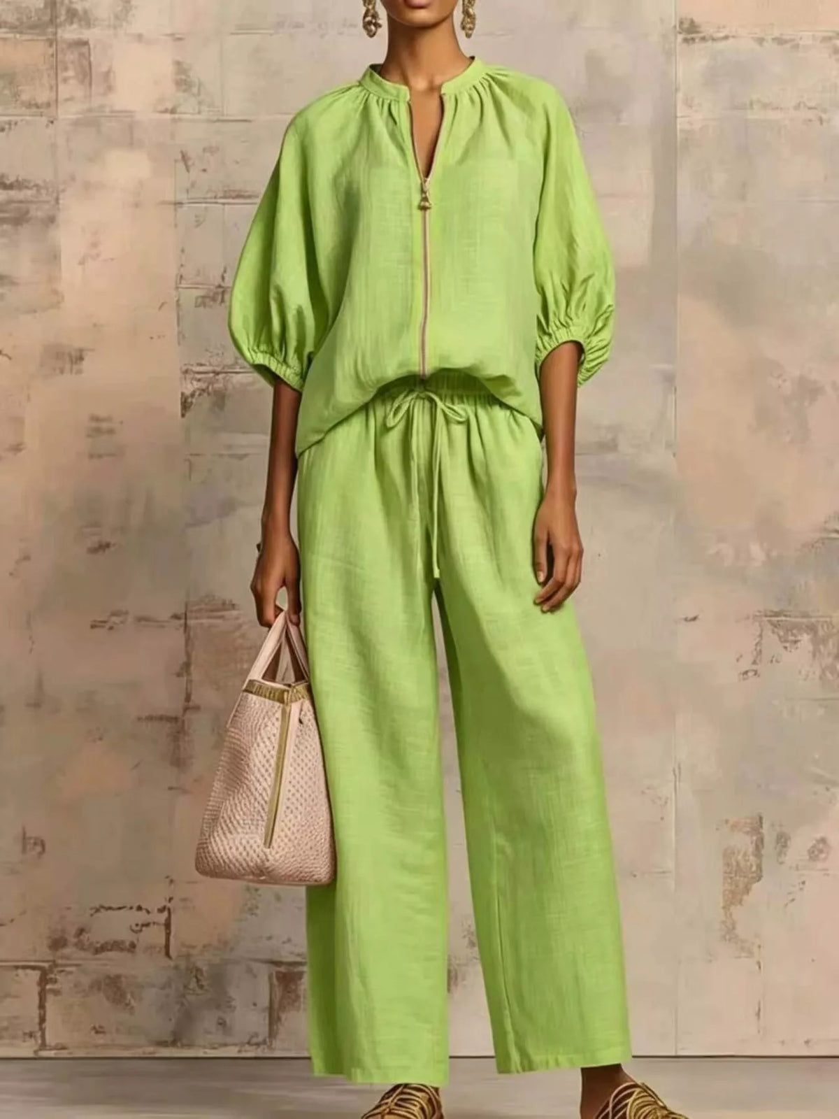 Full Size Zip-Front Top and Wide-Leg Pants Set Plus Size