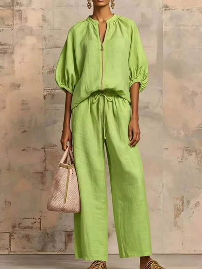 Full Size Zip-Front Top and Wide-Leg Pants Set Plus Size