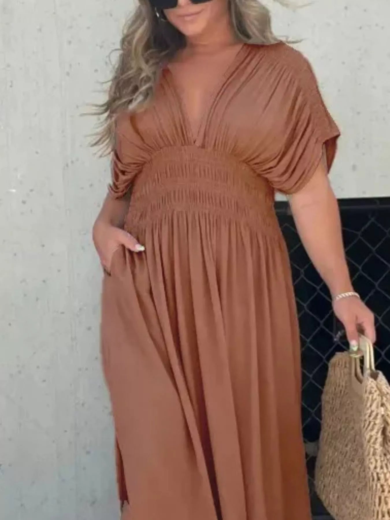 Full Size Slit V-Neck Smocked Waist Maxi Dress Plus Size