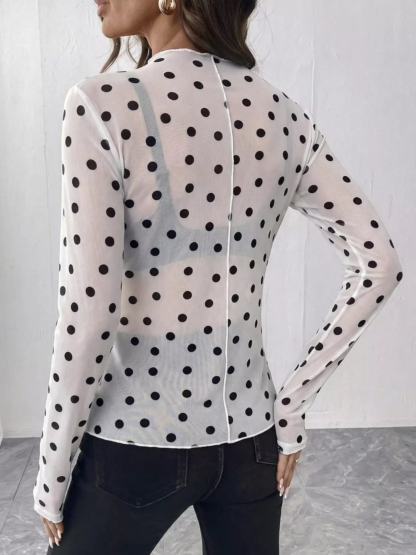 Sheer Polka Dot Long Sleeve Mock Neck Top