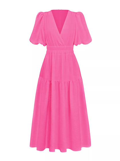 Elegant Puff Sleeve V-Neck Midi Dress