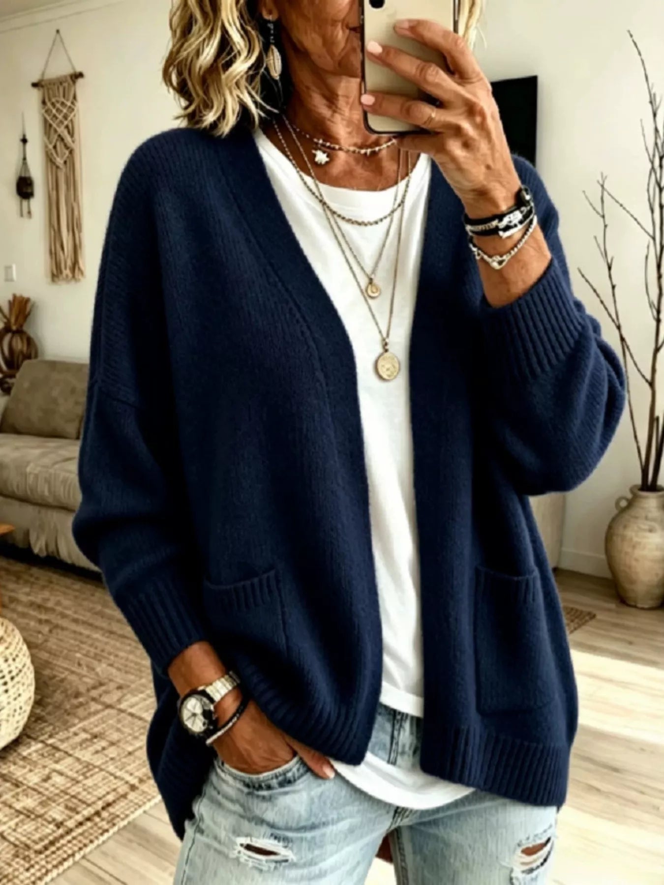 Open Front Knit Cardigan with Pockets