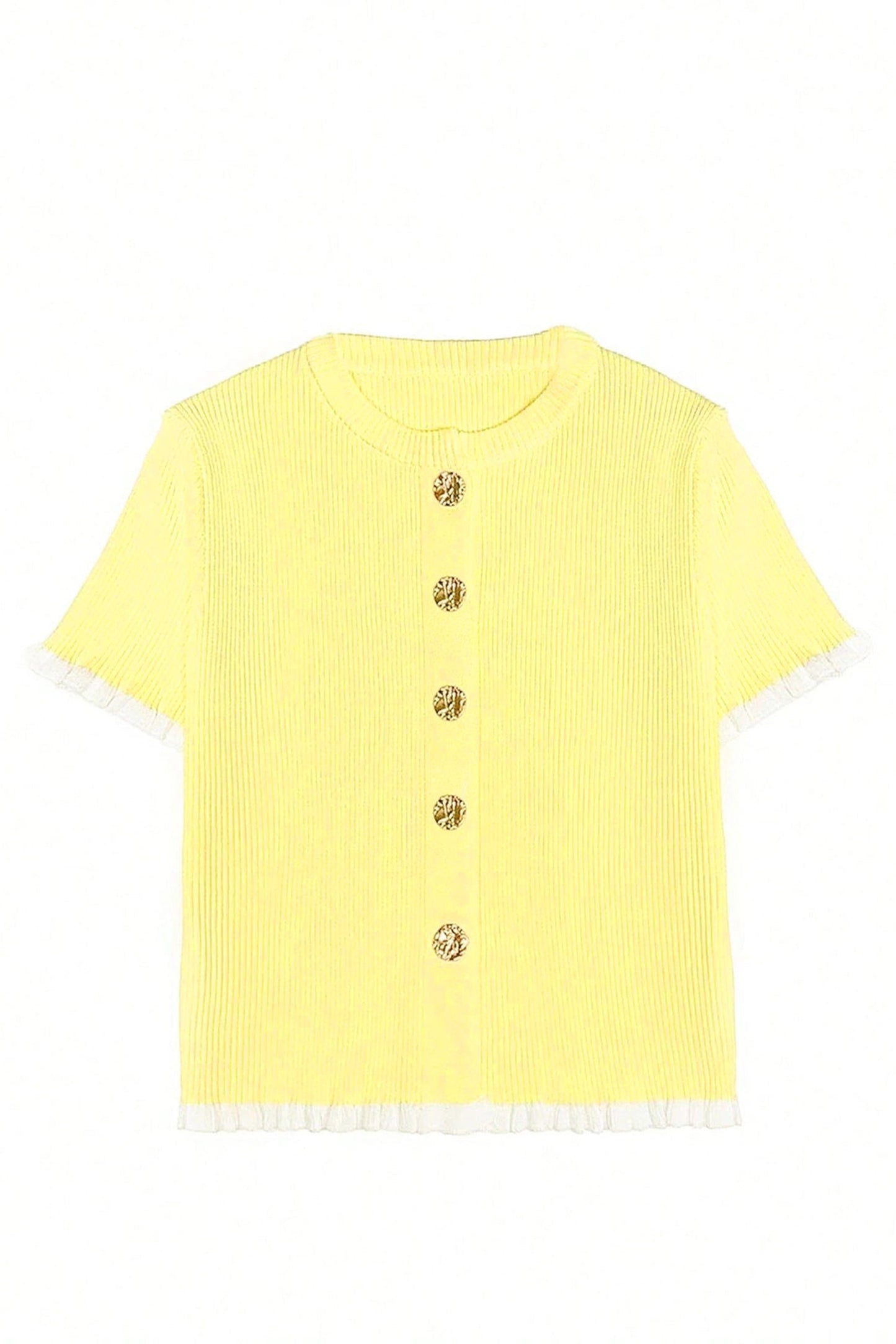 Yellow Cream Ribbed Knit Contrast Frilled Short Sleeve Sweater Cardigan
