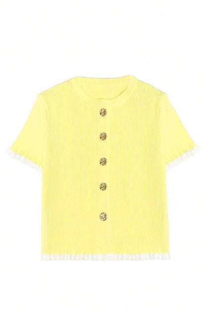 Yellow Cream Ribbed Knit Contrast Frilled Short Sleeve Sweater Cardigan