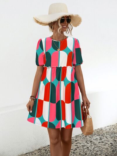 Blue Zone Planet | Geometric Frill Round Neck Short Sleeve Dress