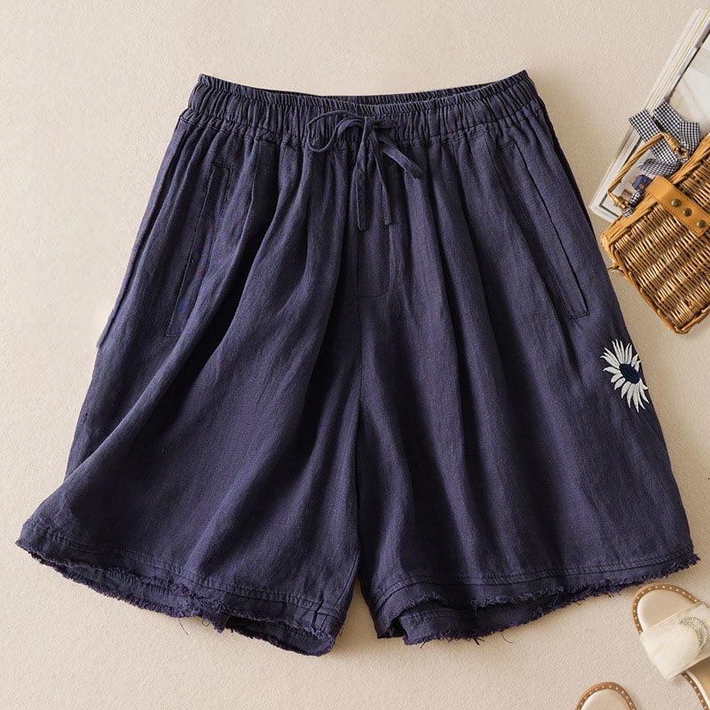 5-Color Thin Retro Daisy Embroidered Casual Shorts