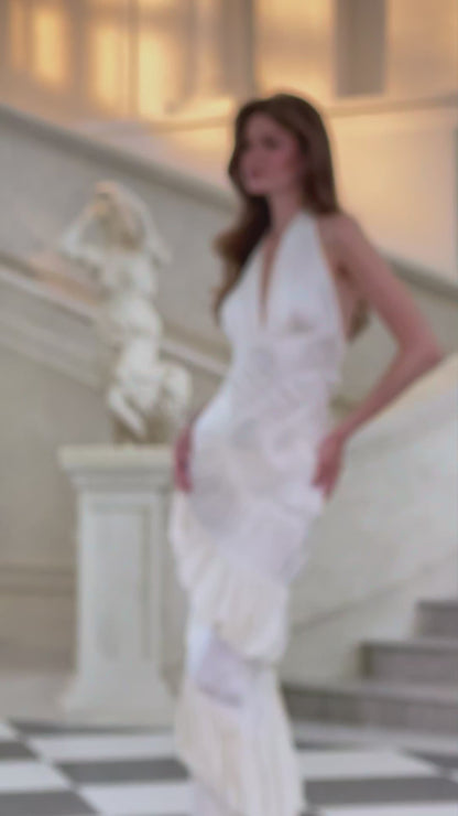 Vilhelmiina Cream White Halterneck Shirred Maxi Dress