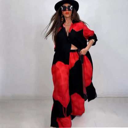 Ensemble deux pièces haut mi-long imprimé et pantalon large