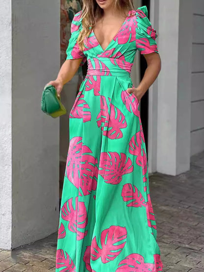 Floral Print V-Neck Puff Sleeve Wide-Leg Jumpsuit