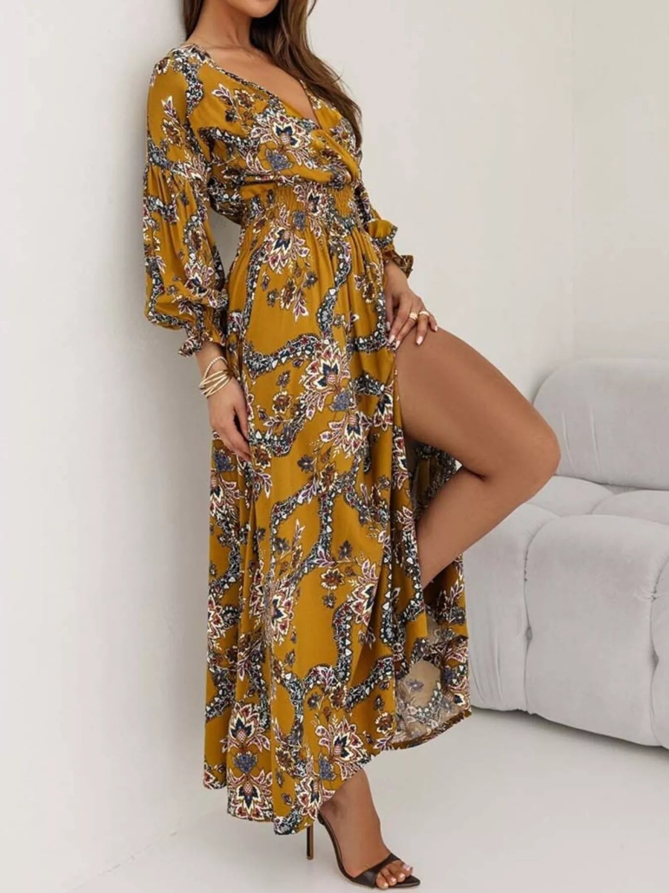 Bohemian Printed Maxi Dress with Plunging Neckline