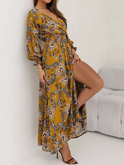 Bohemian Printed Maxi Dress with Plunging Neckline