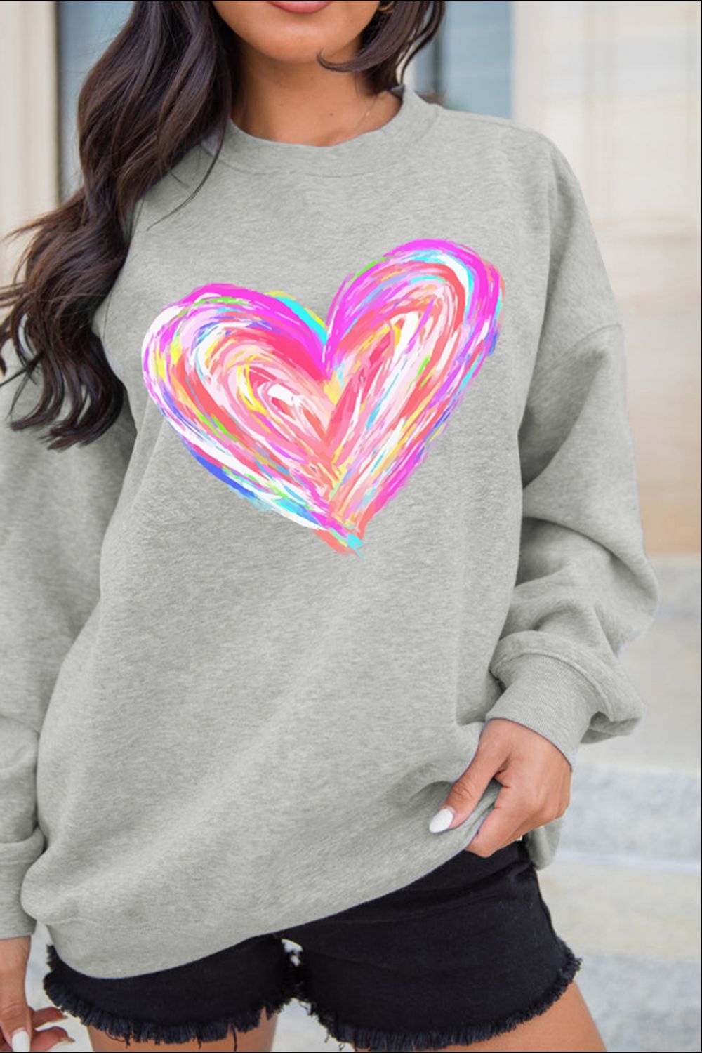Blue Zone Planet | Valentine’S Day Heart Round Neck Drop Shoulder Sweatshirt