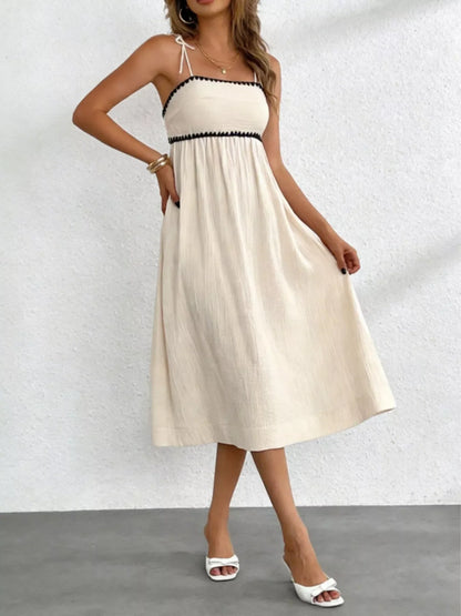 Contrast Trim Tie Shoulder Midi Dress
