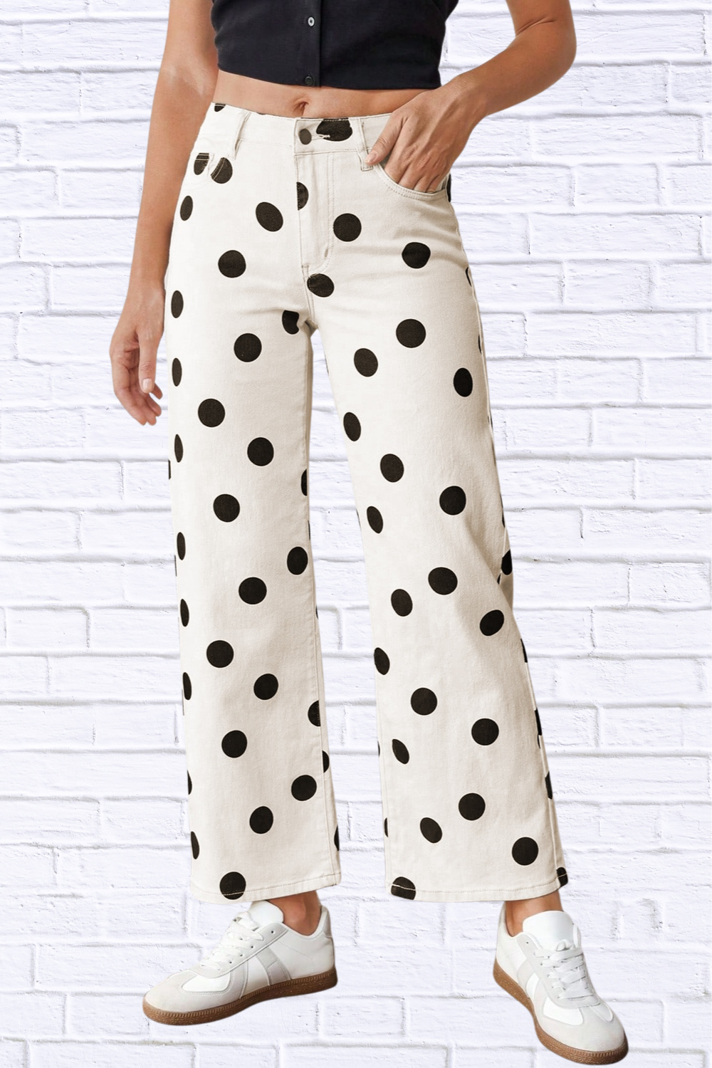 Black and White Polka Dot Wide Leg Pants with Front Pockets