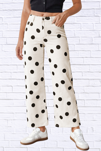 Black and White Polka Dot Wide Leg Pants with Front Pockets