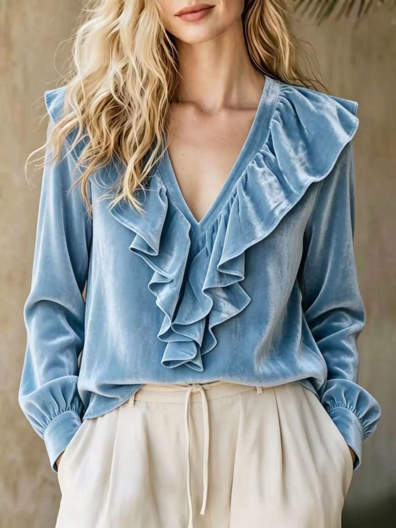 Full Size Ruffled V-Neck Long Sleeve Blouse Plus Size