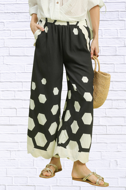 Umgee Hexagon Print Wide Leg Pants with Scalloped Hem