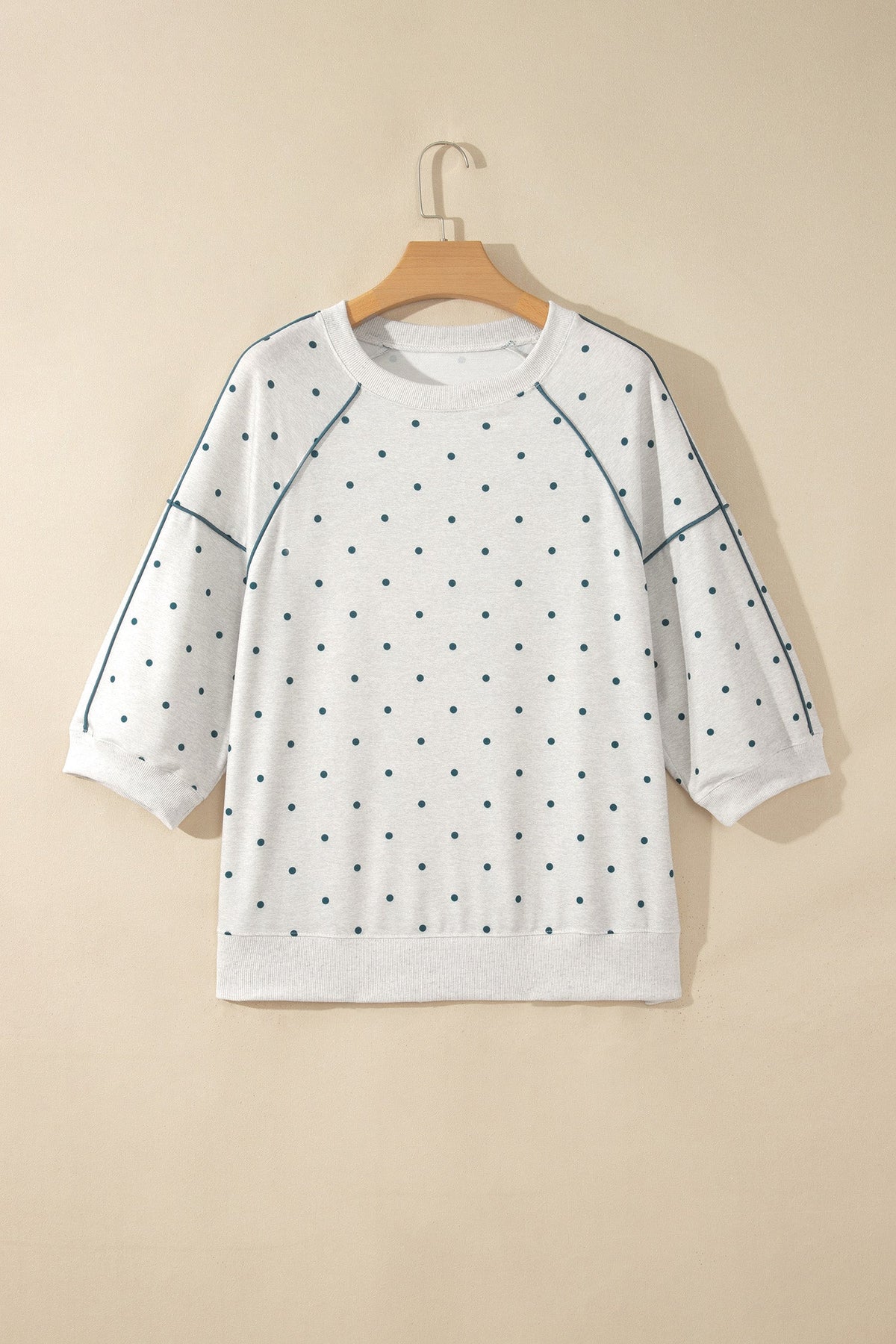Gray Polka Dot Print Piping Trim 3/4 Sleeve Relaxed Top