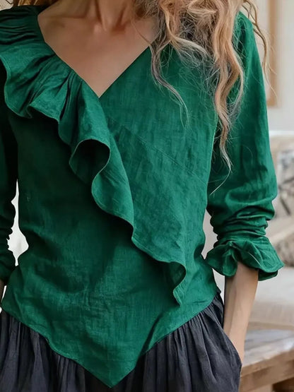 V-Neck Ruffled Long Sleeve Blouse