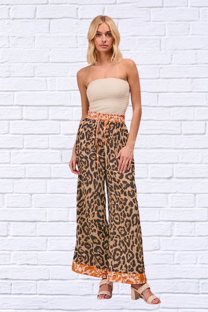 Leopard Print With Contrast Banded Wide Pants