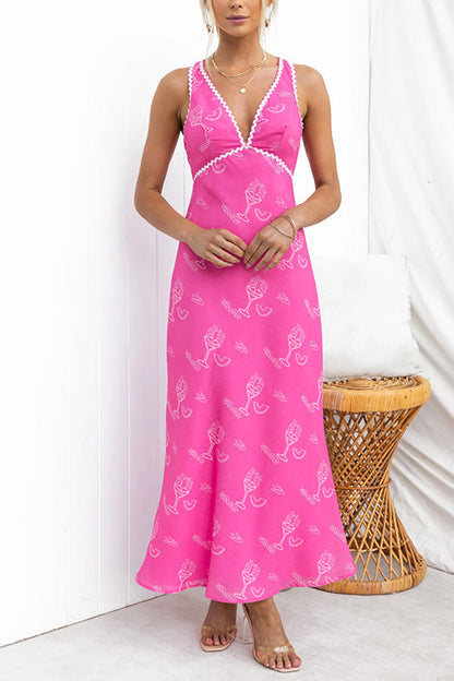 V Neck Sleeveless High Waist Printed Maxi Dress Pink