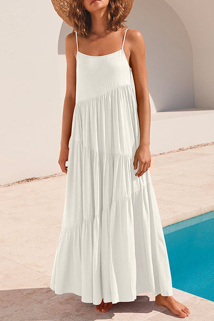 Adjustable Straps Tiered Maxi Beach Dress White