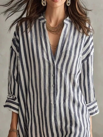 Full Size Striped 3/4 Sleeve Shirt Dress Plus Size