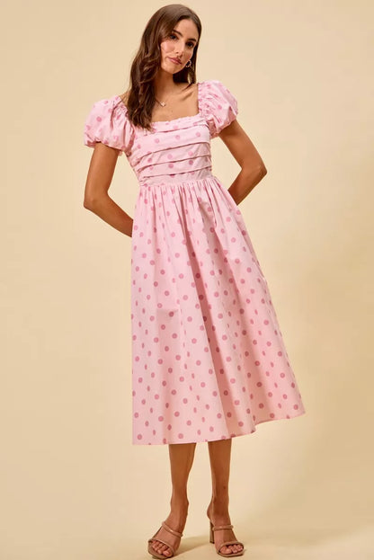 SO ME Polka Cotton Print Short Sleeves Midi Dress