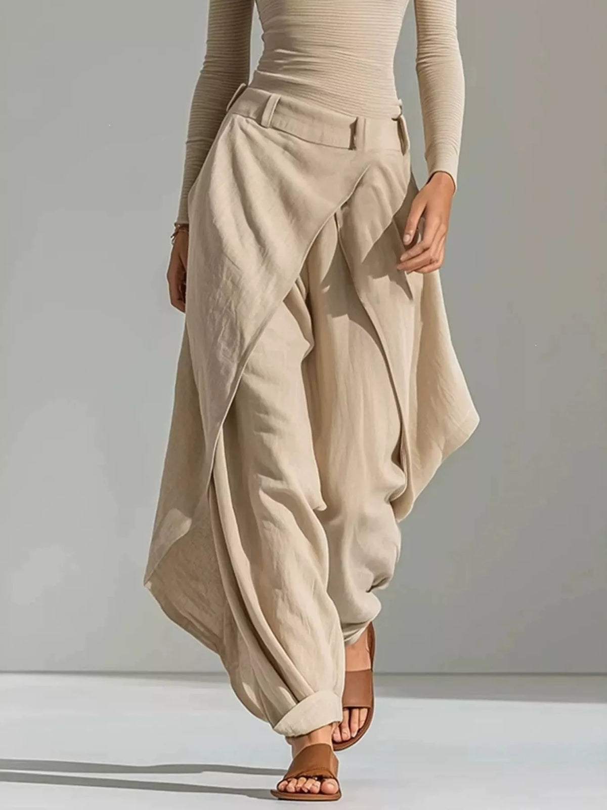 Boat Neck Long Sleeve Top and Wrap-Front Wide Leg Pant Set