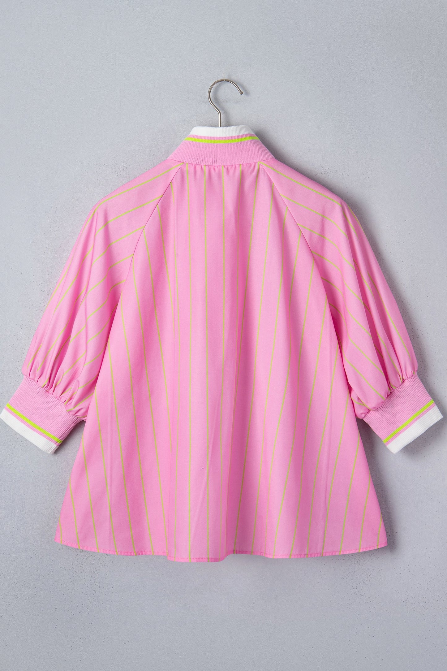 Pink Stripe Striped V-Neck Half Sleeve Zipper Ribbed Cuff Casual Shift Blouse
