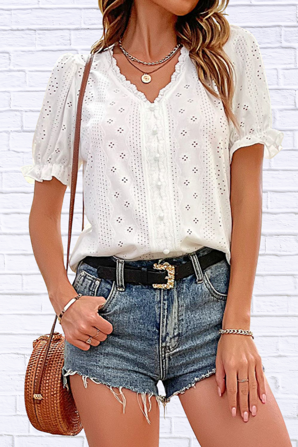 💕 Solid Buttoned V-Neck Flounce Sleeve Top