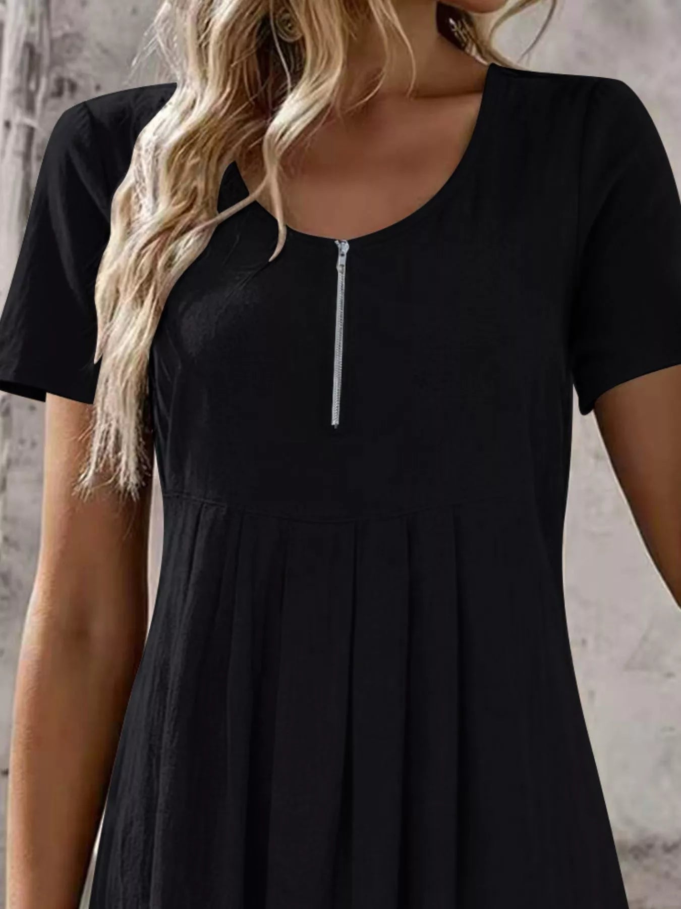 Zipper-Front Short Sleeve A-Line Dress