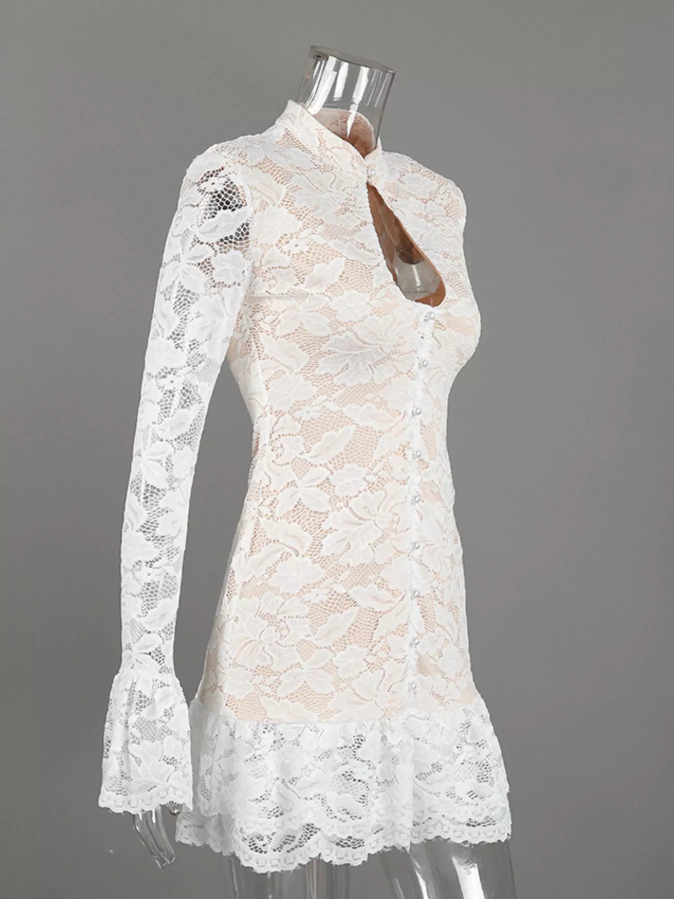 Lace Long-Sleeve Ruched Mini Dress
