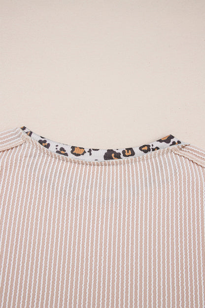 Jet Stream Leopard Patchwork Corded Knit Crew Neck T Shirt