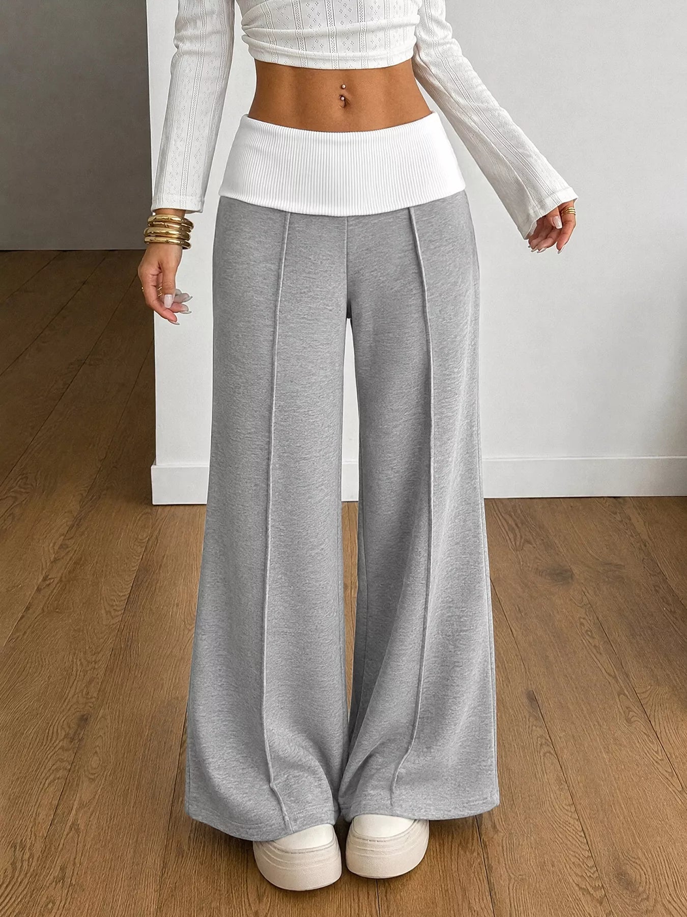 High-Waisted Wide-Leg Contrast Pants