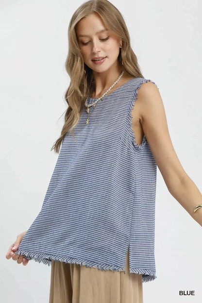 Umgee Stripe Fringe Trim Sleeveless Top