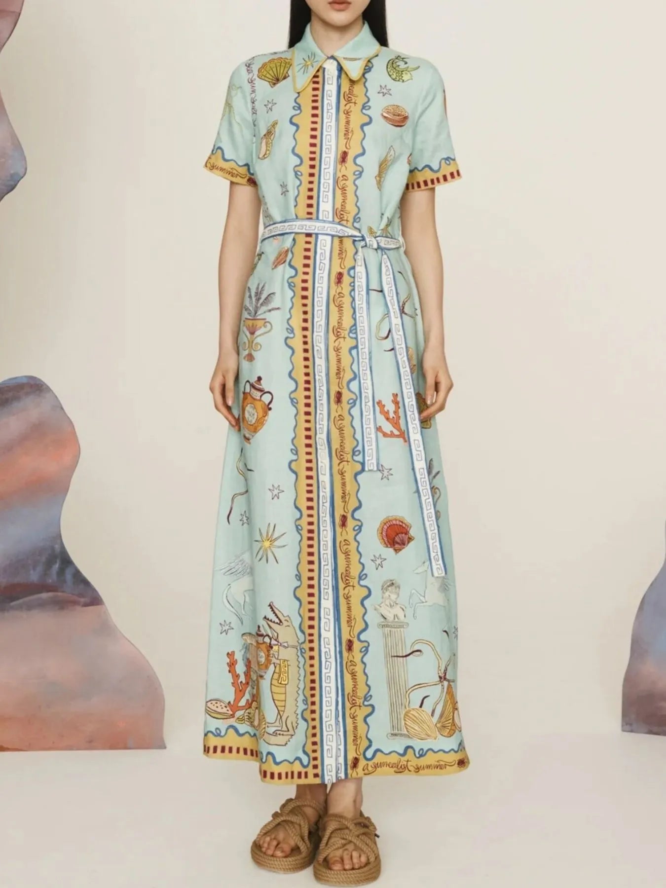 Printed Short Sleeve Maxi Shirt Dress with Belt