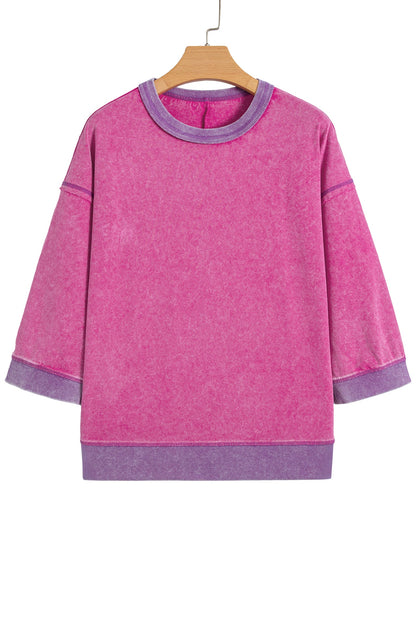 Strawberry Pink Mineral Wash Color Block Trim Bracelet Sleeve Pullover Top